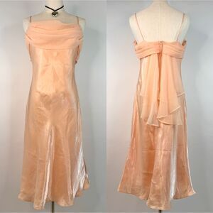 Vintage Peach Satin Iridescent Slip Fairy Midi Dress Cowl Neck 90s Whimsy Prom